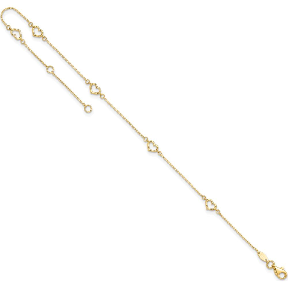 14K Yellow Gold Open Heart & Chain 5-Station Anklet - 10" Adjustable Length