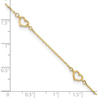 14K Yellow Gold Open Heart & Chain 5-Station Anklet - 10" Adjustable Length