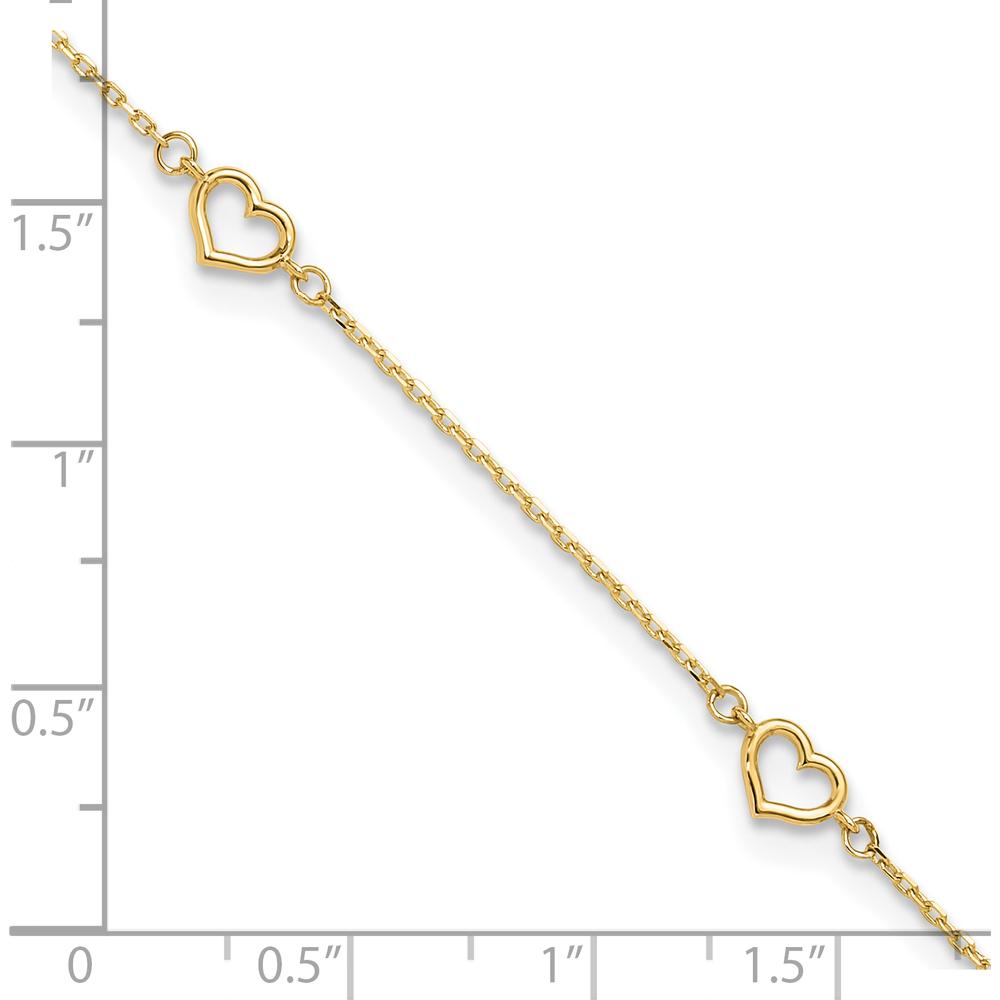 14K Yellow Gold Open Heart & Chain 5-Station Anklet - 10" Adjustable Length