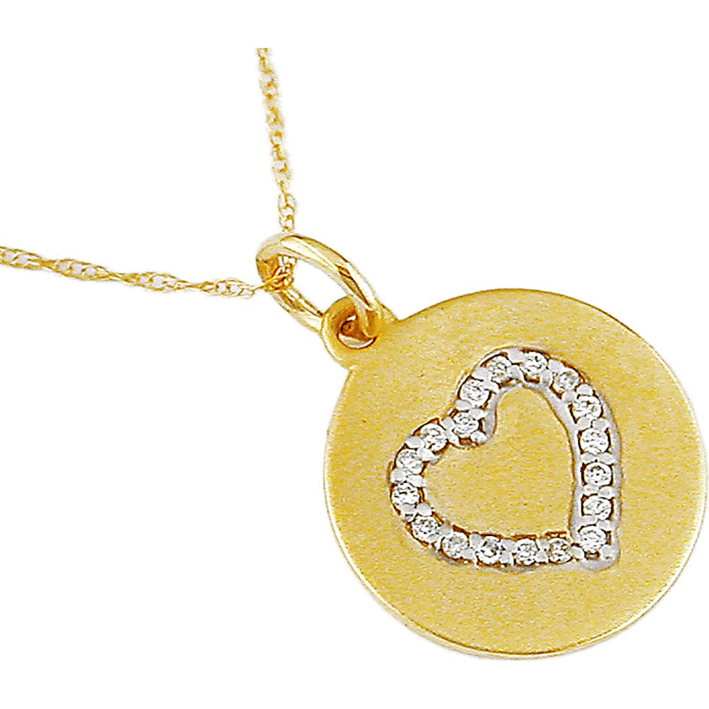 14K Yellow Gold Open Heart Disc Pendant with Prong-Set Round Diamonds - 0.10 Carat Total Diamond Weight - Royal Jewelry