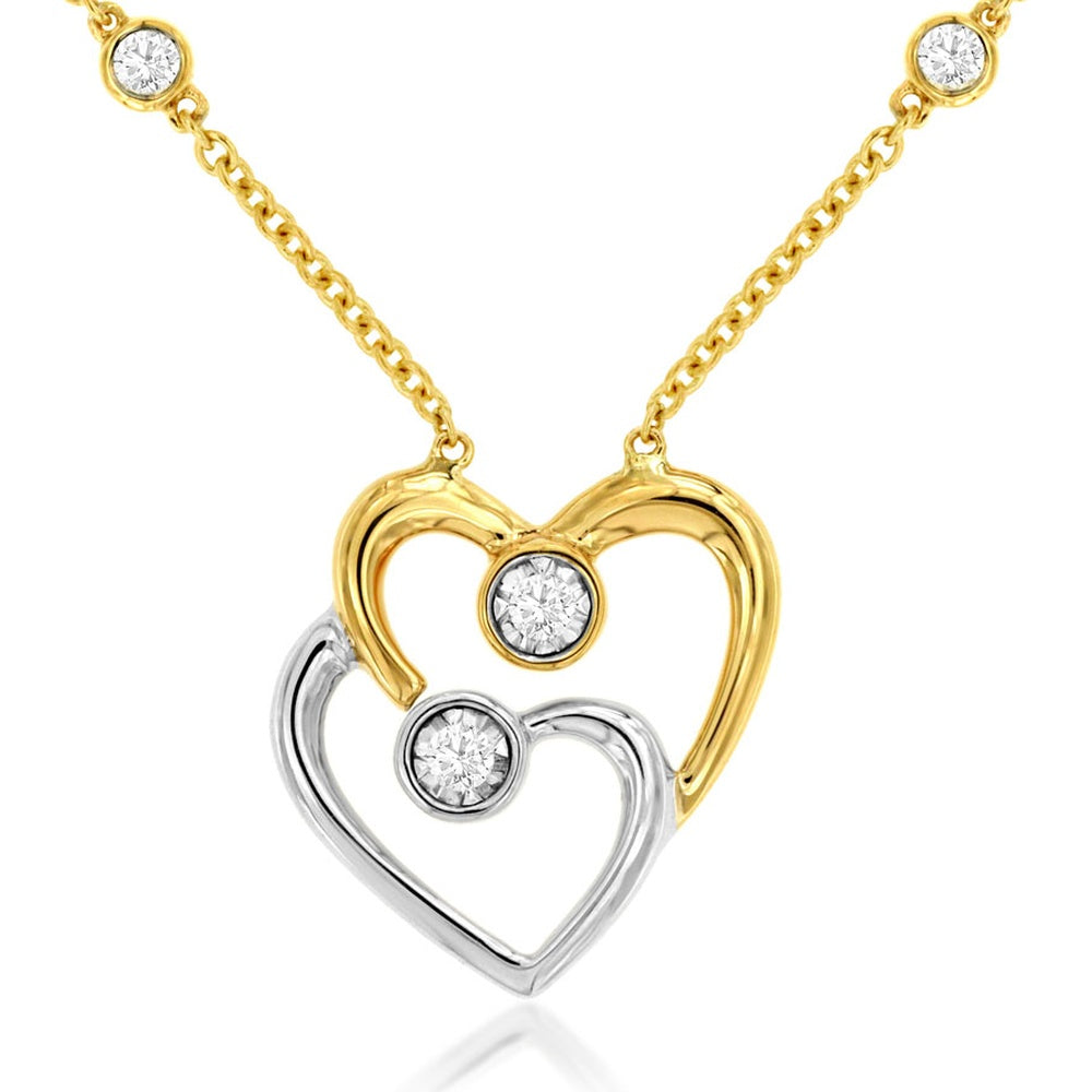 14K Yellow Gold Open Heart Pendant Necklace with Bezel-Set Round Station Diamonds - 0.16 Carat Total Diamond Weight - Royal Jewelry