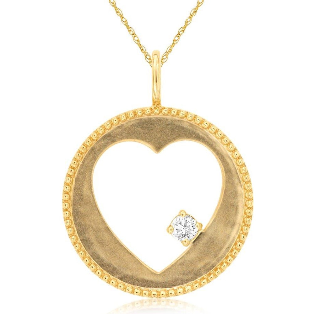 14K Yellow Gold Open Heart Pendant with Milgrain Detail and Round Diamond - 0.05 Carat Total Diamond Weight - Royal Jewelry
