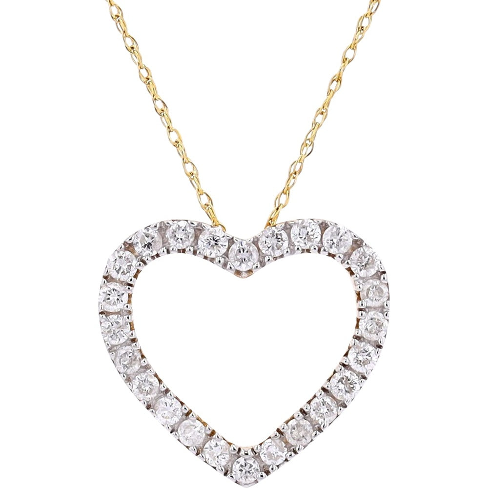 14K Yellow Gold Open Heart Pendant with Prong-Set Round Diamonds - 1/2 Carat Total Diamond Weight on an 18-Inch Cable Chain