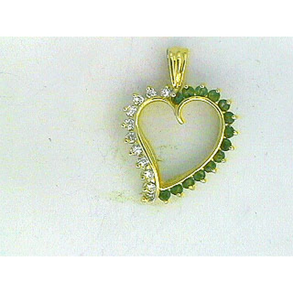 14K Yellow Gold Open Heart Pendant with Round Diamonds and Colorful Green Gemstones - 0.30 Carat Total Diamond Weight - Royal Jewelry