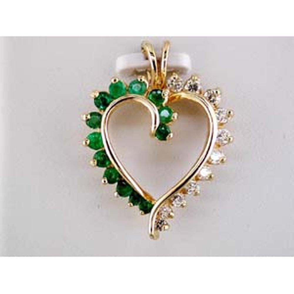 14K Yellow Gold Open Heart Pendant with Round Emeralds 0.39 Carats and Round Diamonds