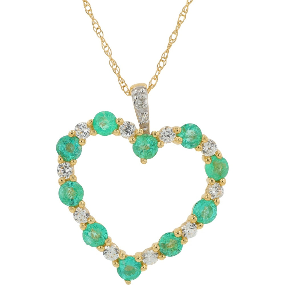 14K Yellow Gold Open Heart Pendant with Round Emeralds and Created White Sapphires, Accented with 0.06 Carat Diamonds