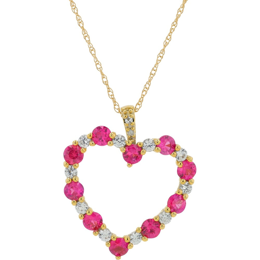 14K Yellow Gold Open Heart Pendant with Round Ruby and Created White Sapphire Alternating Stones and Diamond Accented Bale
