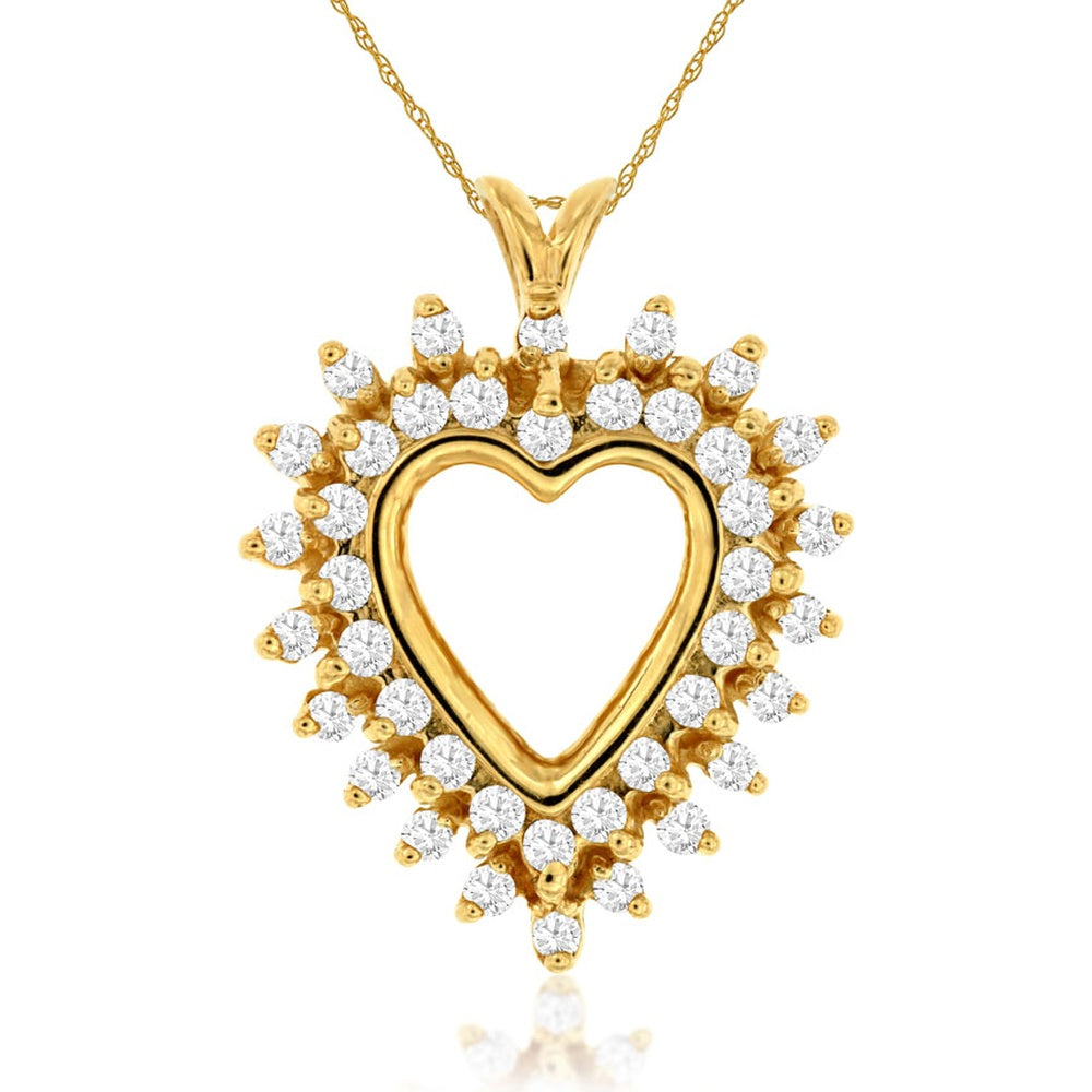 14K Yellow Gold Open Heart Pendant with Sunburst Prong-Set Round Diamonds - 0.89 Carat Total Diamond Weight - Royal Jewelry