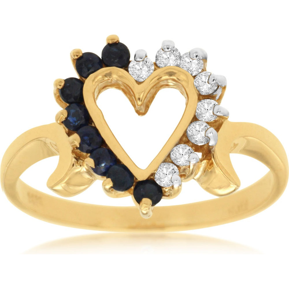 14K Yellow Gold Open Heart Ring with Round Blue Sapphires and 0.19 Carat Round Brilliant-Cut Diamonds - Royal Jewelry