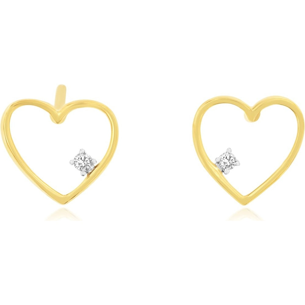 14K Yellow Gold Open Heart Stud Earrings with 4-Prong Set Round Diamonds - 0.03 Carat Total Diamond Weight - Royal Jewelry