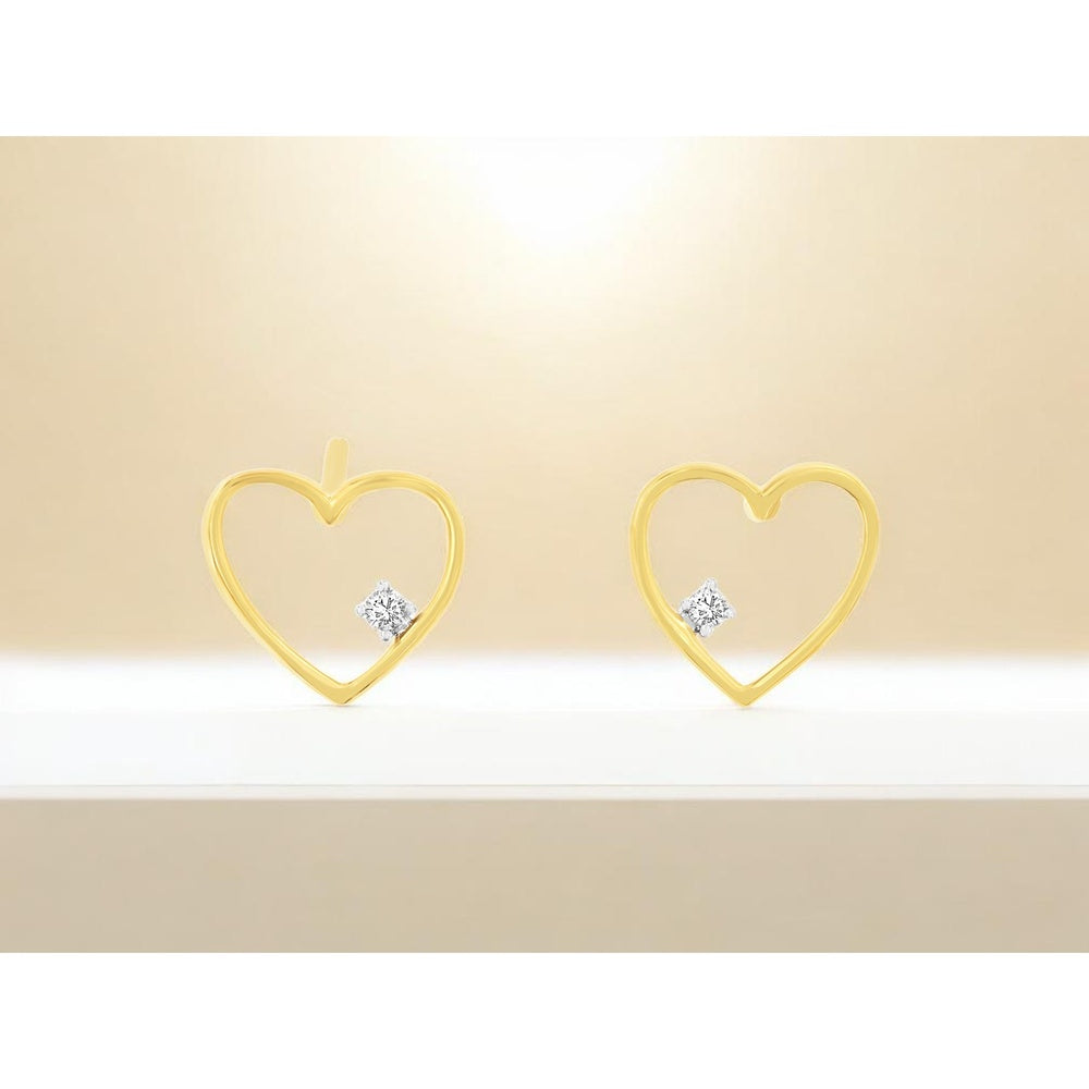14K Yellow Gold Open Heart Stud Earrings with 4-Prong Set Round Diamonds - 0.03 Carat Total Diamond Weight - Royal Jewelry