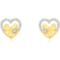 14K Yellow Gold Open Heart Stud Earrings with Textured Faceted Center and Bezel-Set Round Diamonds - 0.16 Carat Total Diamond Weight - Royal Jewelry