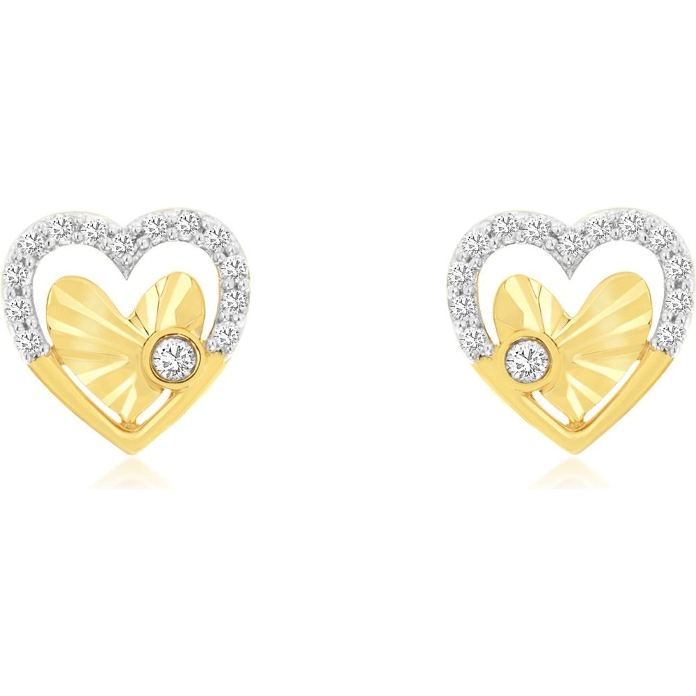 14K Yellow Gold Open Heart Stud Earrings with Textured Faceted Center and Bezel-Set Round Diamonds - 0.16 Carat Total Diamond Weight - Royal Jewelry