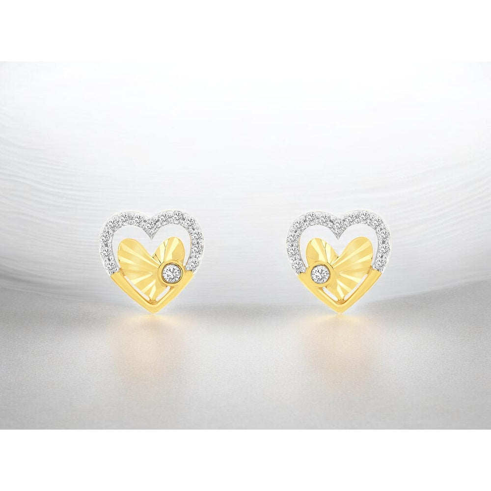 14K Yellow Gold Open Heart Stud Earrings with Textured Faceted Center and Bezel-Set Round Diamonds - 0.16 Carat Total Diamond Weight - Royal Jewelry