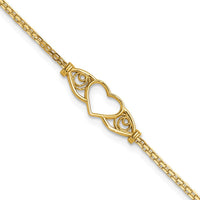 14K Yellow Gold Open Heart with Filigree Design Bismark Chain Anklet - 9" Length