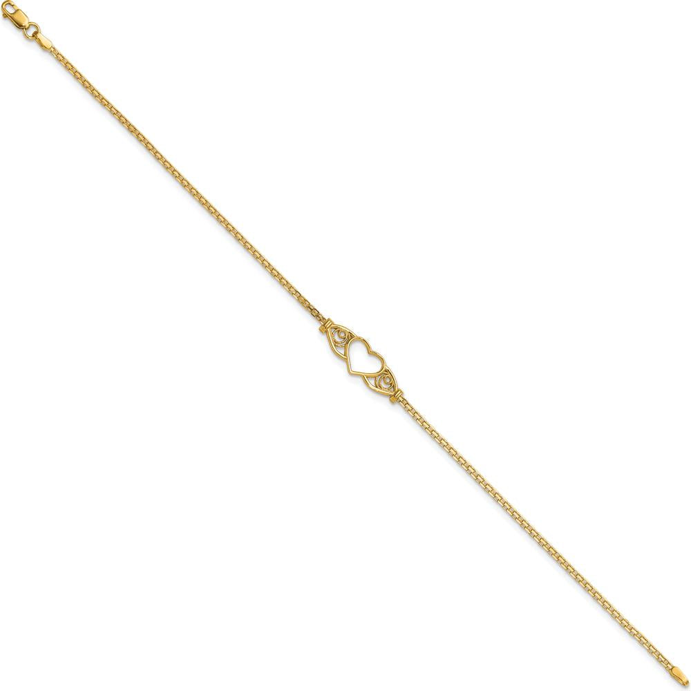 14K Yellow Gold Open Heart with Filigree Design Bismark Chain Anklet - 9" Length