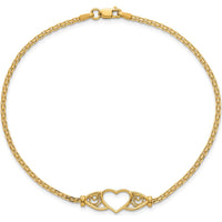 14K Yellow Gold Open Heart with Filigree Design Bismark Chain Anklet - 9" Length