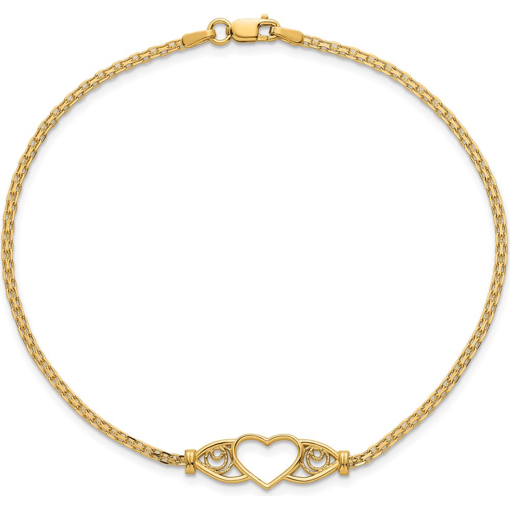 14K Yellow Gold Open Heart with Filigree Design Bismark Chain Anklet - 9" Length