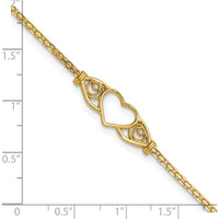 14K Yellow Gold Open Heart with Filigree Design Bismark Chain Anklet - 9" Length