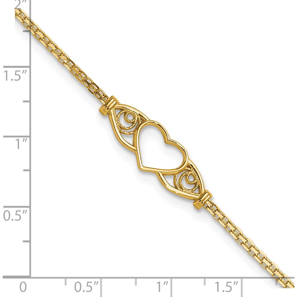 14K Yellow Gold Open Heart with Filigree Design Bismark Chain Anklet - 9" Length