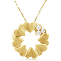 14K Yellow Gold Open Heart Wreath Pendant with Brushed Finish and Bead-Set Round Diamonds - 0.09 Carat Total Diamond Weight - Royal Jewelry