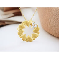 14K Yellow Gold Open Heart Wreath Pendant with Brushed Finish and Bead-Set Round Diamonds - 0.09 Carat Total Diamond Weight - Royal Jewelry