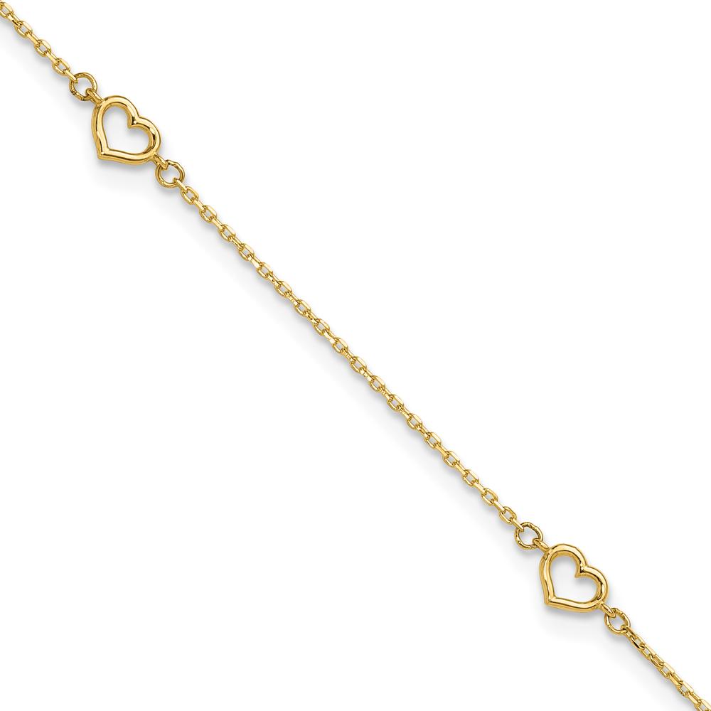 14K Yellow Gold Open Hearts Anklet with Adjustable 1" Extender - 10" Chain Length