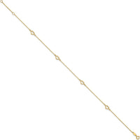14K Yellow Gold Open Hearts Anklet with Adjustable 1" Extender - 10" Chain Length