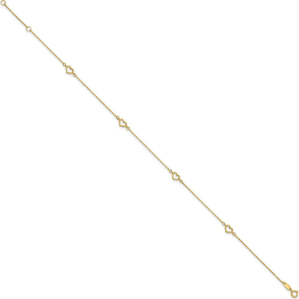 14K Yellow Gold Open Hearts Anklet with Adjustable 1" Extender - 10" Chain Length