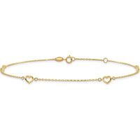 14K Yellow Gold Open Hearts Anklet with Adjustable 1" Extender - 10" Chain Length