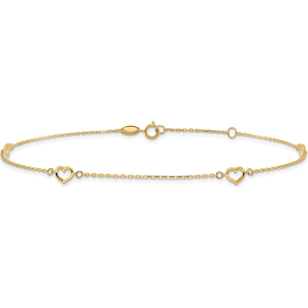 14K Yellow Gold Open Hearts Anklet with Adjustable 1" Extender - 10" Chain Length
