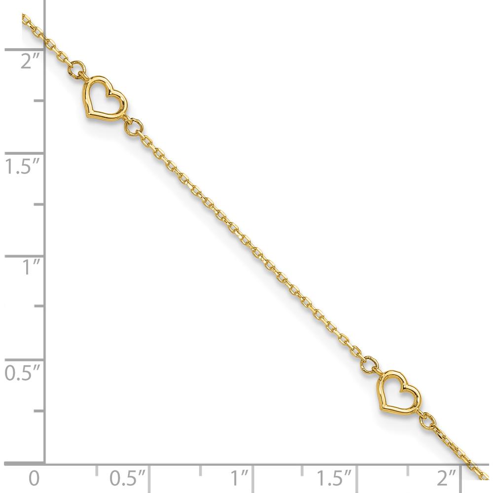 14K Yellow Gold Open Hearts Anklet with Adjustable 1" Extender - 10" Chain Length