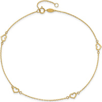 14K Yellow Gold Open Hearts Anklet with Adjustable 1" Extender - 10" Chain Length