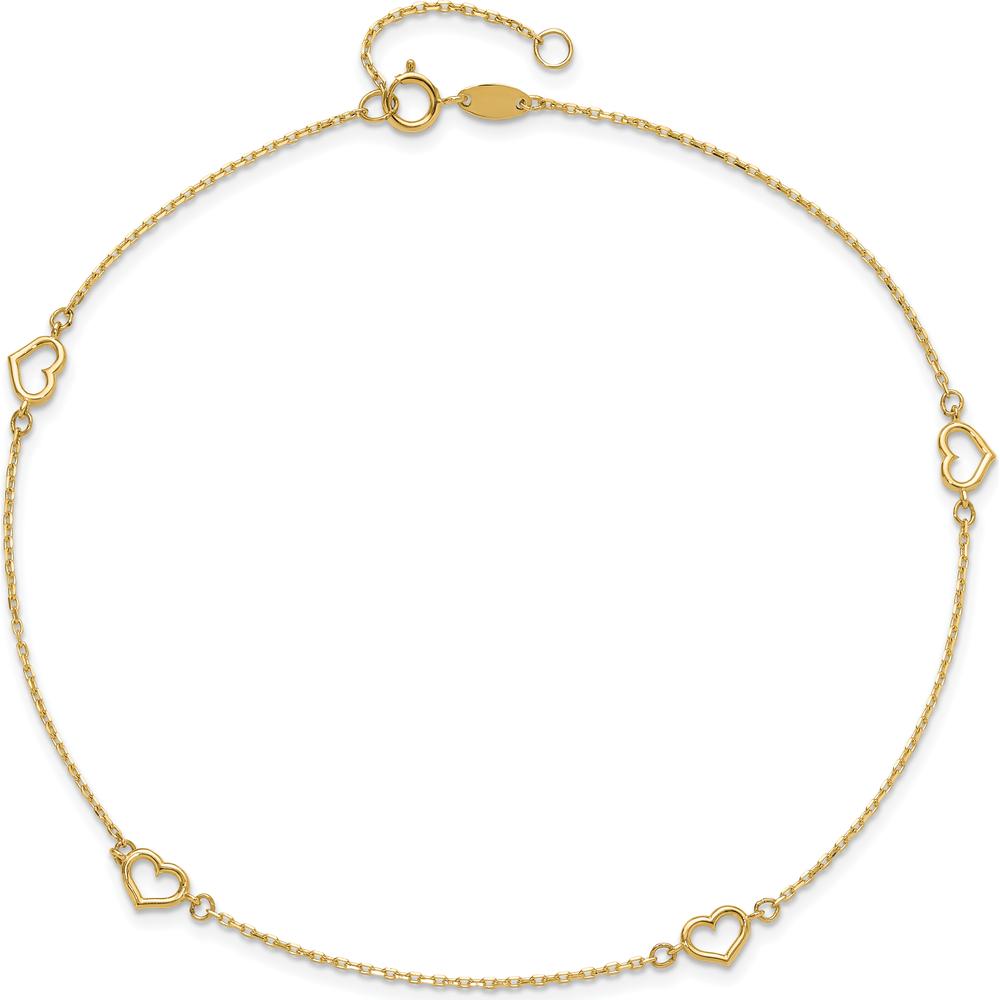 14K Yellow Gold Open Hearts Anklet with Adjustable 1" Extender - 10" Chain Length