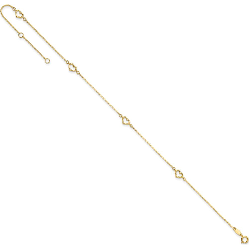 14K Yellow Gold Open Hearts Anklet with Adjustable 1" Extender - 10" Chain Length