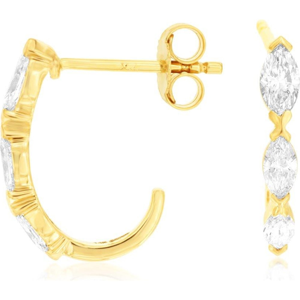 14K Yellow Gold Open Huggie Hoop Earrings with Prong-Set Marquise Cut Diamonds - 0.66 Carat Total Diamond Weight - Royal Jewelry