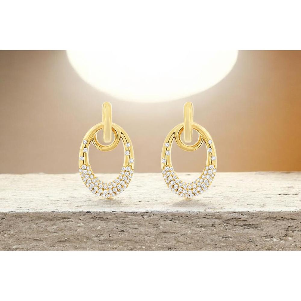 14K Yellow Gold Open Loop Drop Earrings with Pavé Set Round Diamonds - 0.48 Carat Total Diamond Weight - Royal Jewelry