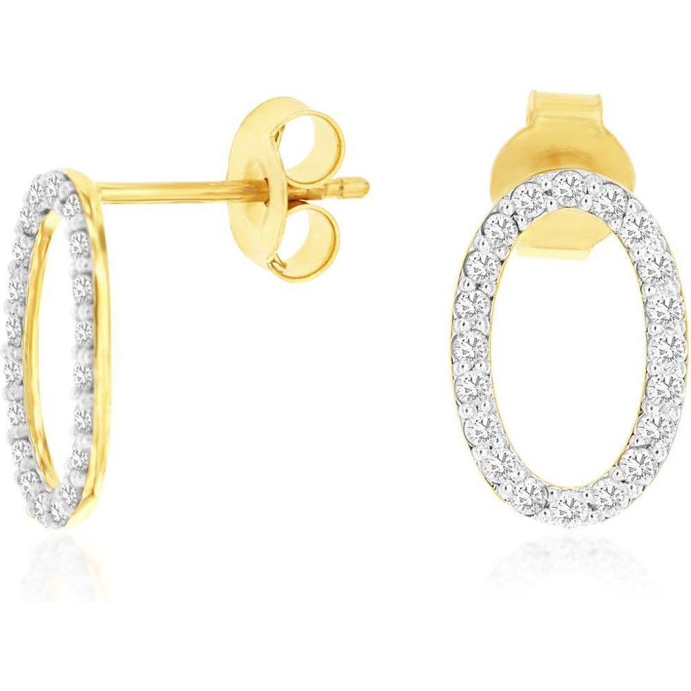 14K Yellow Gold Open Oval Diamond Earrings with Pavé Set Round Brilliant Stones - 0.40 Carat Total Diamond Weight - Royal Jewelry