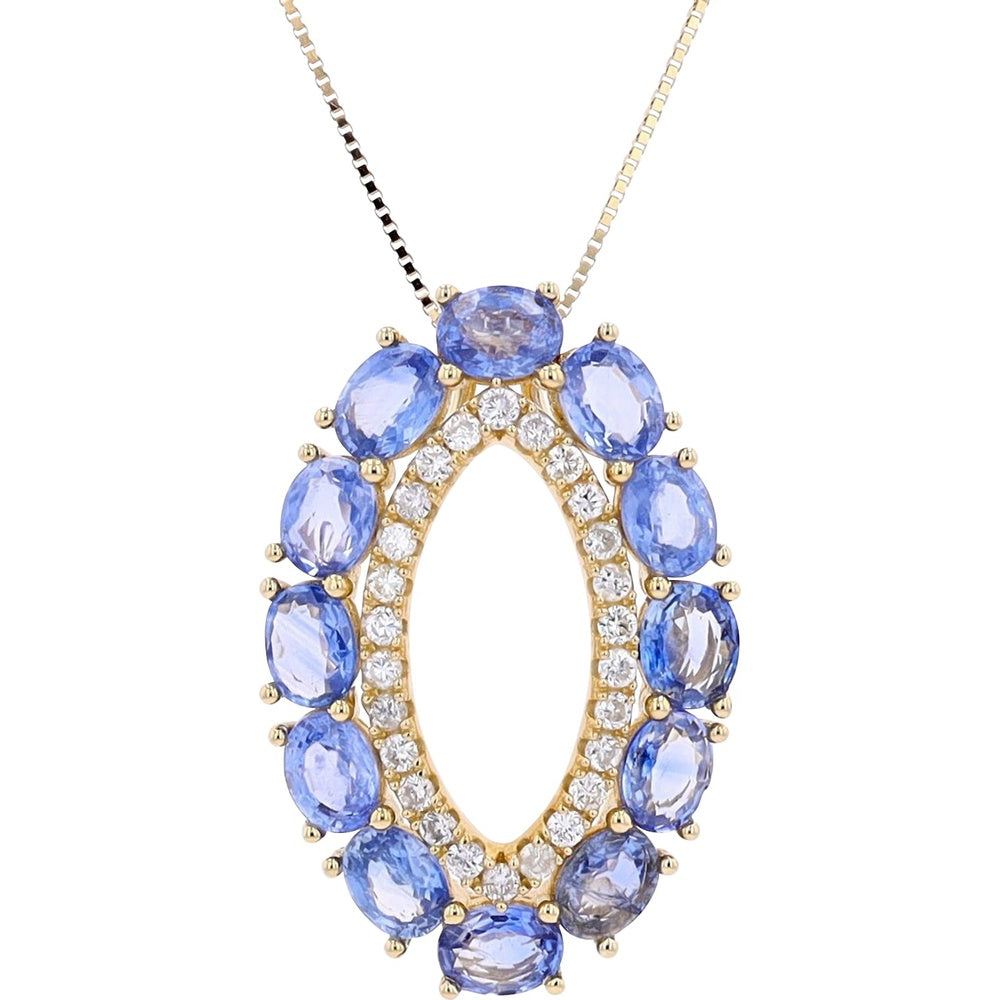 14K Yellow Gold Open Oval Halo Pendant with Oval Sapphires and Round Diamonds - 3.22 Carat Total Sapphire Weight
