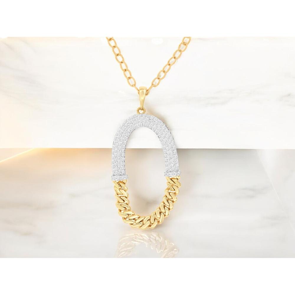 14K Yellow Gold Open Oval Pendant with Diamond Pavé and Link-Inspired Design - 0.87 Carats Total Diamond Weight - Royal Jewelry