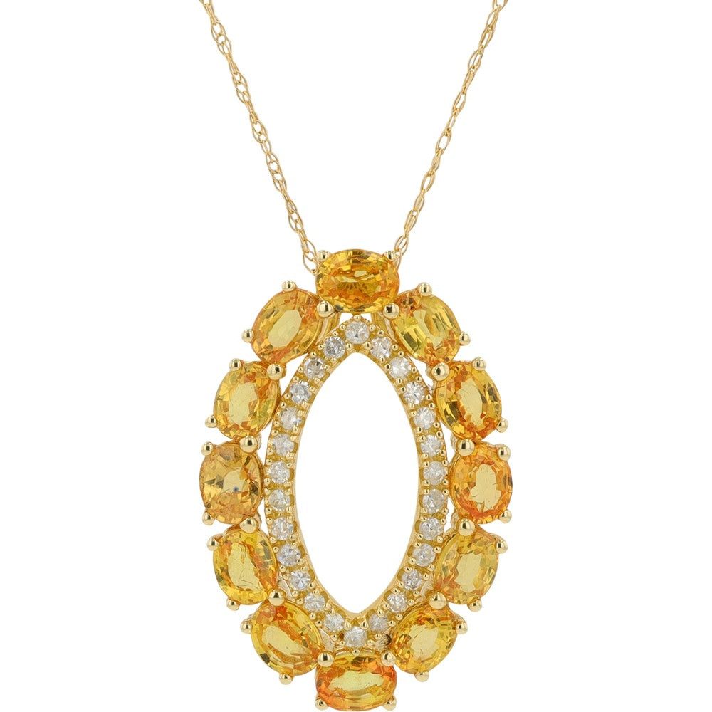 14K Yellow Gold Open Oval Pendant with Prong-Set Round Diamonds and Oval Yellow Sapphires - 2.75 to 3.22 Carat Total Sapphire Weight