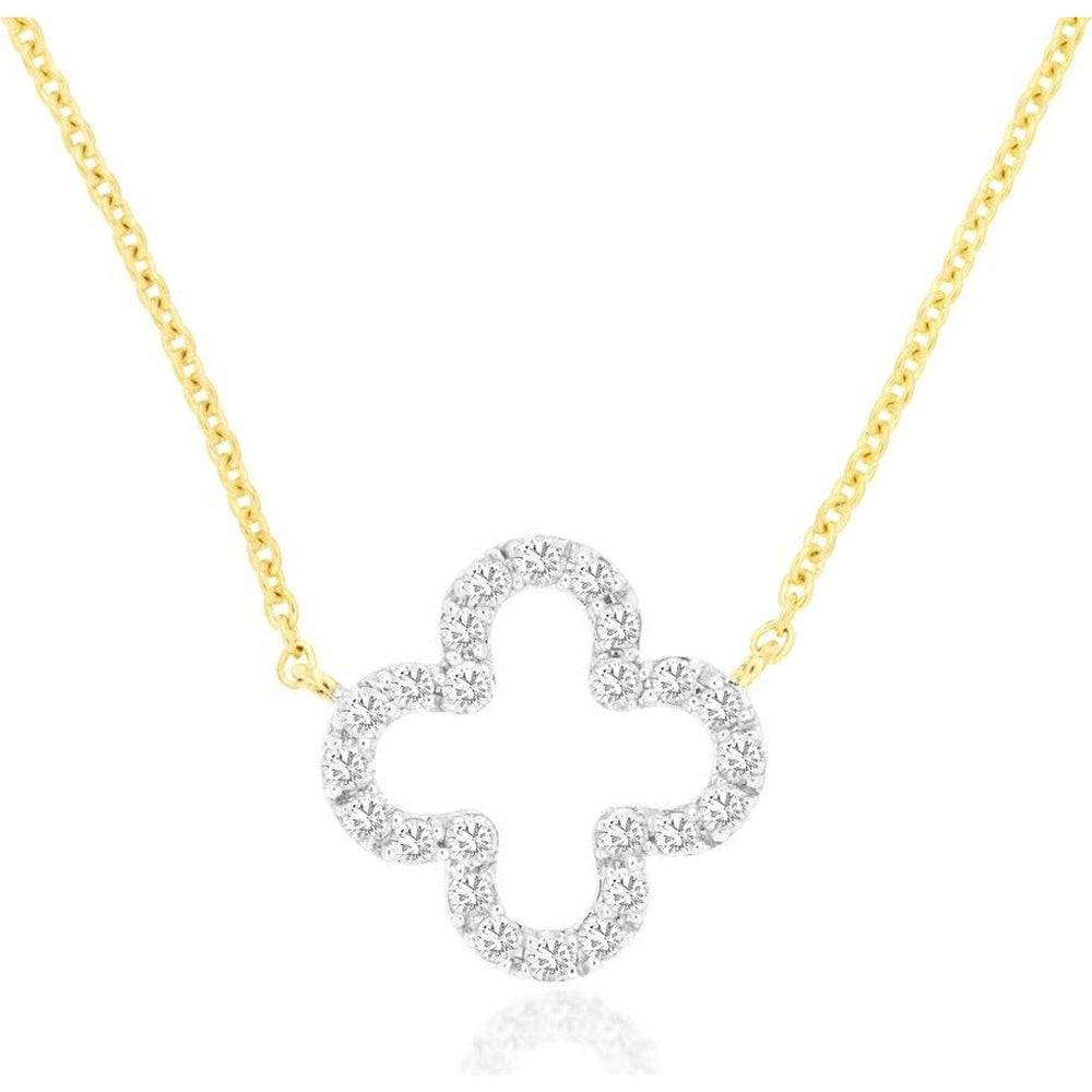 14K Yellow Gold Open Quatrefoil Necklace with Pavé-Set Round Diamonds - 0.25 Carat Total Diamond Weight - Royal Jewelry