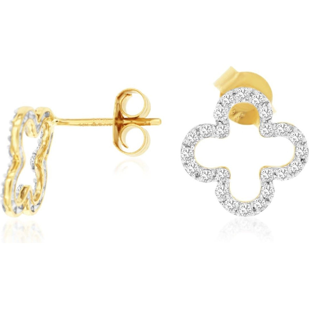 14K Yellow Gold Open Quatrefoil Stud Earrings with Pave-Set Round Diamonds - 0.50 Carat Total Diamond Weight - Royal Jewelry