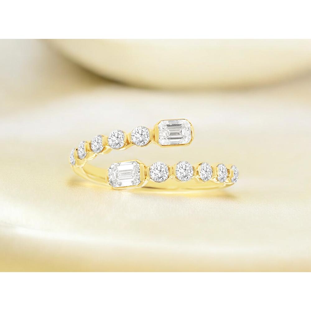 14K Yellow Gold Open Shank Bypass Ring with Emerald Cut and Round Diamonds - 1.10 Carat Total Diamond Weight - Royal Jewelry
