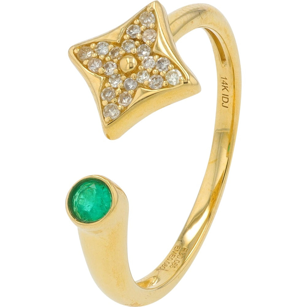 14K Yellow Gold Open Shank Cuff Ring with Bezel Set Cabochon Emerald and Pave Diamond Star - 0.10 Carat Total Diamond Weight