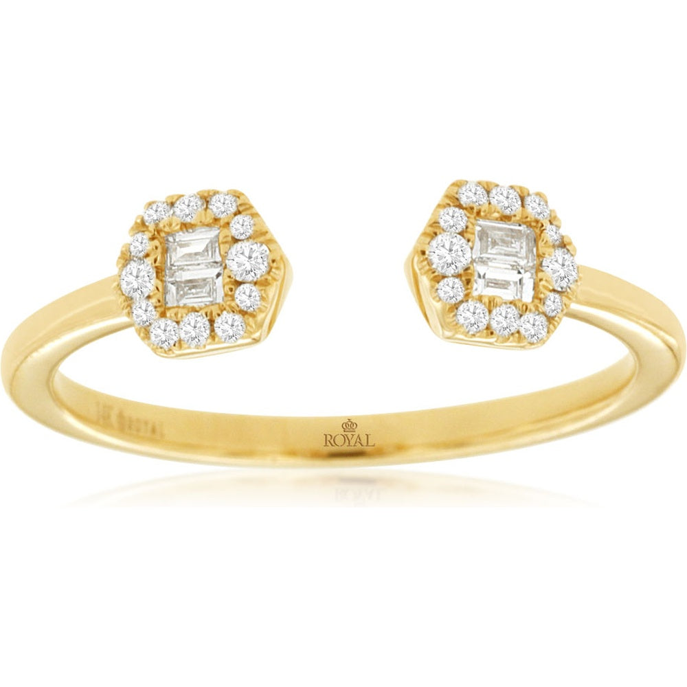 14K Yellow Gold Open-Shank Geometric Ring with Baguette and Round Diamond Halo Clusters - 0.19 Carat Total Diamond Weight - Royal Jewelry