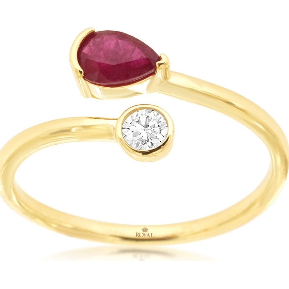 14K Yellow Gold Open-Shank Ring with 0.45 Carat Pear-Shape Ruby and 0.10 Carat Bezel-Set Round Diamond - Royal Jewelry