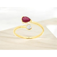 14K Yellow Gold Open-Shank Ring with 0.45 Carat Pear-Shape Ruby and 0.10 Carat Bezel-Set Round Diamond - Royal Jewelry