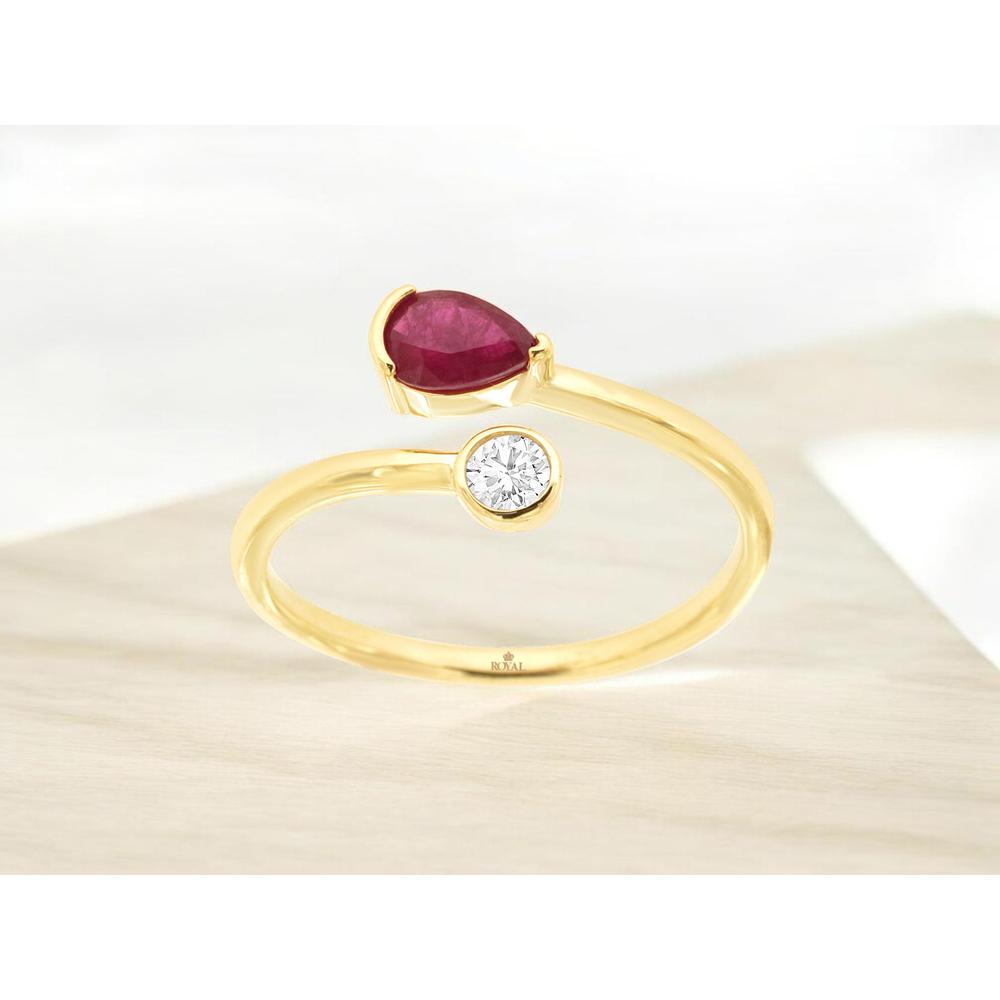 14K Yellow Gold Open-Shank Ring with 0.45 Carat Pear-Shape Ruby and 0.10 Carat Bezel-Set Round Diamond - Royal Jewelry