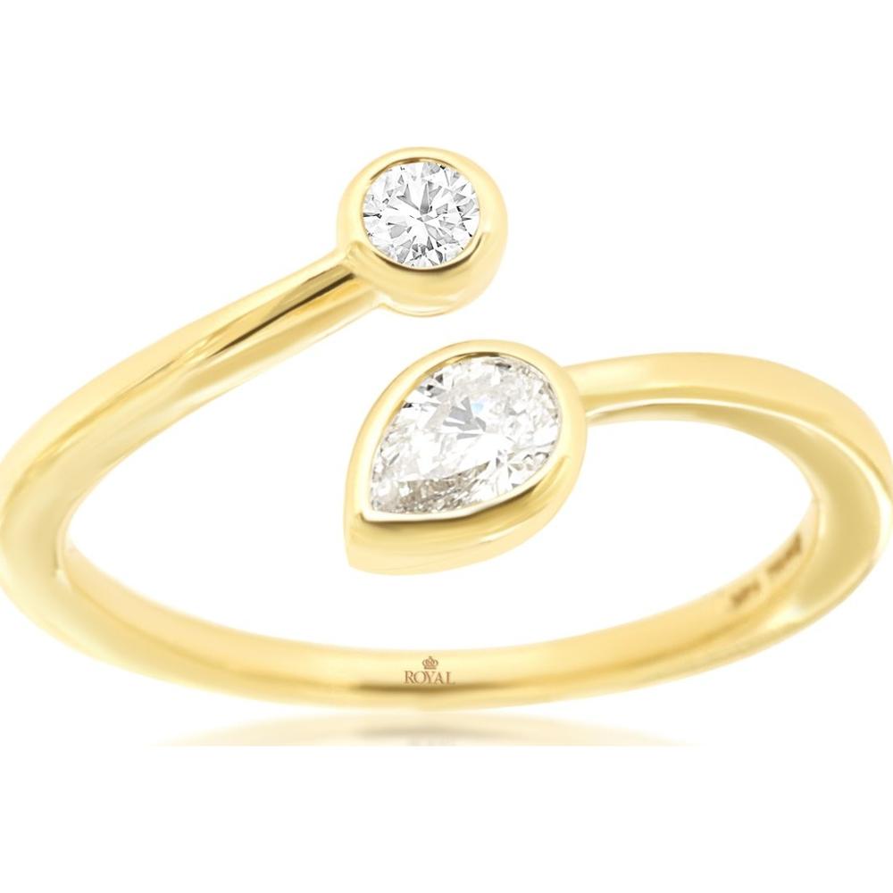 14K Yellow Gold Open Shank Ring with Bezel Set Round and Pear Cut Diamonds - 0.32 Carat Total Diamond Weight - Royal Jewelry